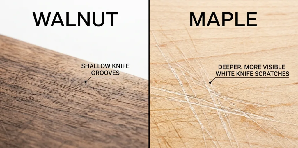 walnut vs maple cutting board comparison Macro close-up showing shallow grooves on dark walnut and deeper white scratches on light maple