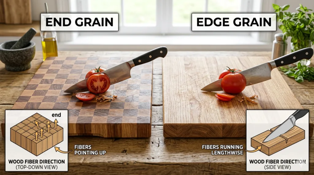 end grain vs edge grain cutting board comparison showing wood fiber direction