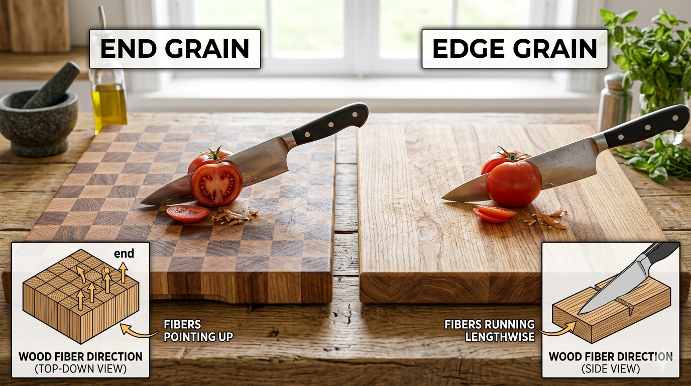 end grain vs edge grain cutting board comparison showing wood fiber direction