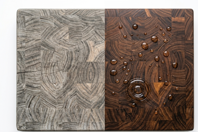 Wooden cutting board before and after oiling - water beading on oiled surface vs dry cracked wood