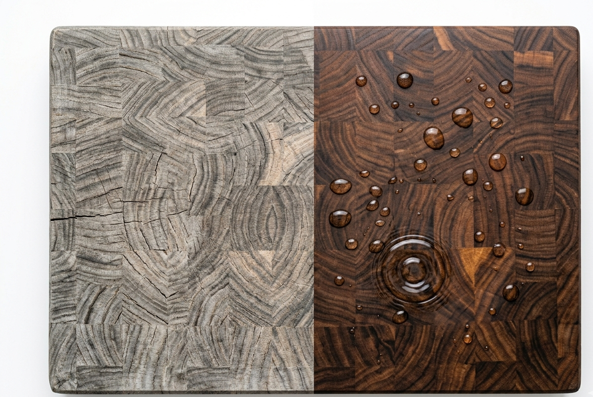 Wooden cutting board before and after oiling - water beading on oiled surface vs dry cracked wood