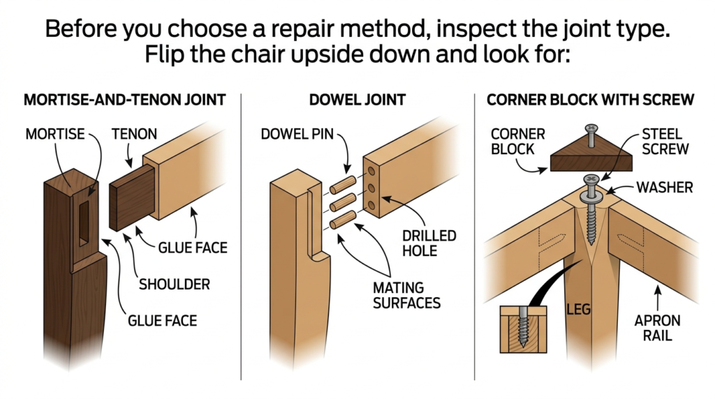 Fix Wobbly Wooden Chair: 5 Proven Methods for Loose Joints 3 Diagram showing three common wooden chair joint types: mortise-and-tenon, dowel joint, and corner block with screw