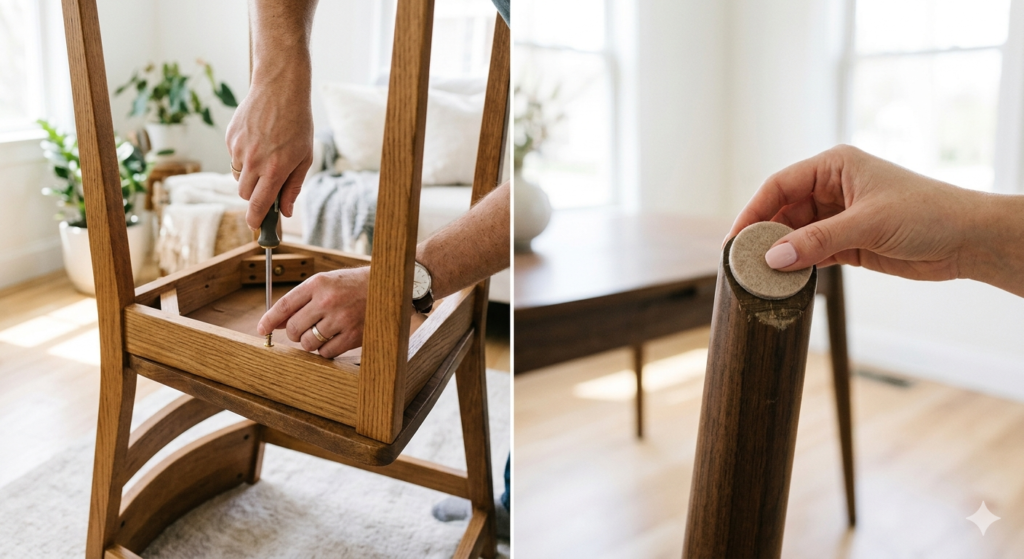 Fix Wobbly Wooden Chair: 5 Proven Methods for Loose Joints 9 Split image: tightening chair screws underneath seat and applying felt pads to chair legs
