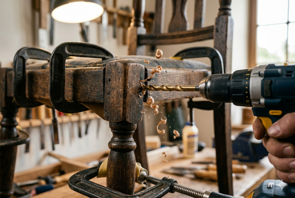 Fix Wobbly Wooden Chair: 5 Proven Methods for Loose Joints 8 Silver metal L-bracket installed inside corner of wooden chair leg joint for hidden reinforcement