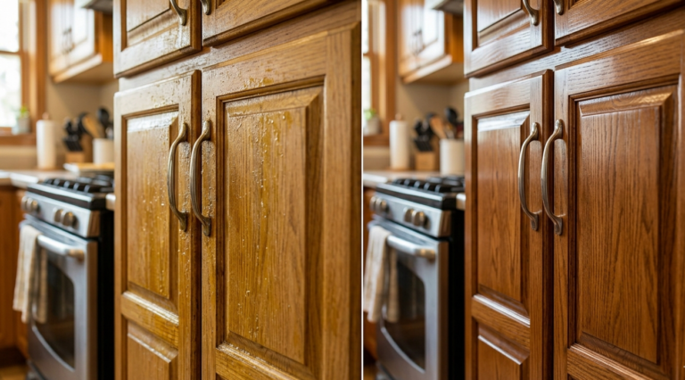 Before and after degreasing sticky kitchen cabinets. Left shows yellow grease buildup on oak cabinets. Right shows clean wood grain after Dawn vinegar treatment to degrease kitchen cabinets