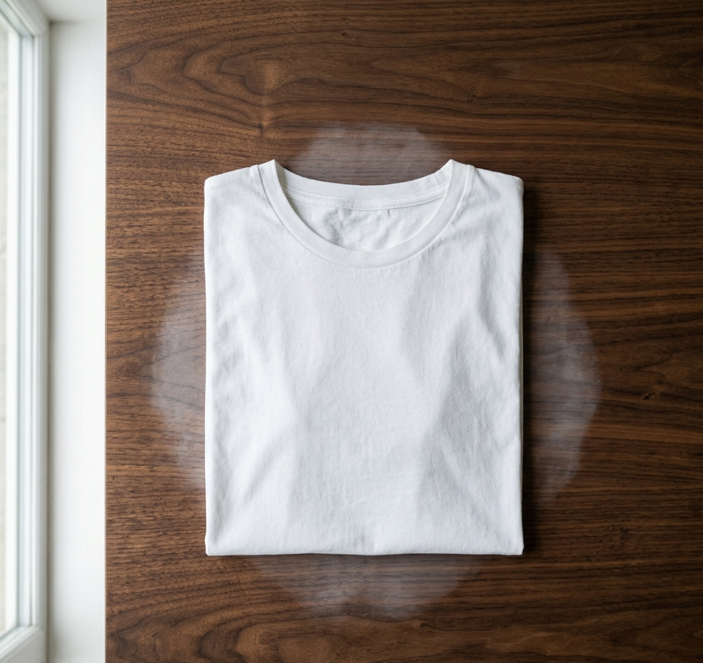Iron moving in slow circular motion over white cotton cloth covering heat stain on wood table to remove white ring mark