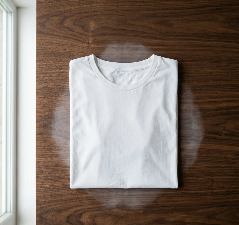 Iron moving in slow circular motion over white cotton cloth covering heat stain on wood table to remove white ring mark