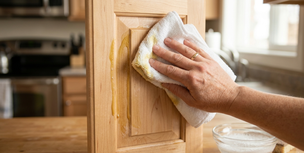 Close-up of hand wiping sticky grease off maple kitchen cabinet door with microfiber cloth following wood grain to degrease kitchen cabinets