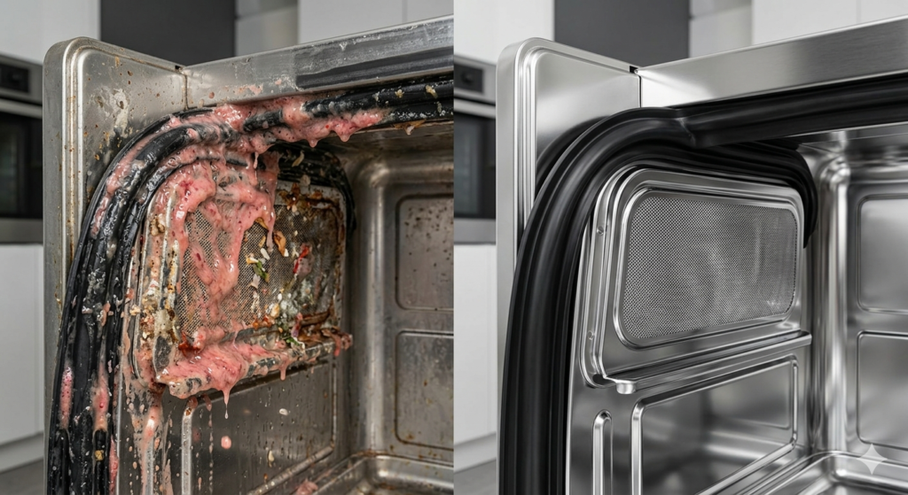 Before and after cleaning pink mold bacteria Serratia marcescens from black rubber dishwasher door gasket seal. Left side shows heavy pink slime buildup. Right side shows clean gasket after vinegar and baking soda treatment