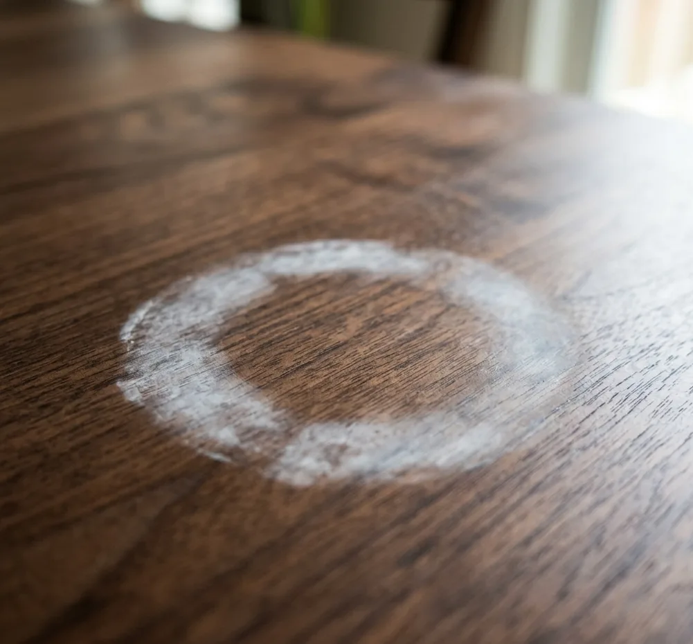 Close-up of obvious white cloudy heat ring stain from hot mug on dark walnut wood dining table, trapped moisture in wood finish  