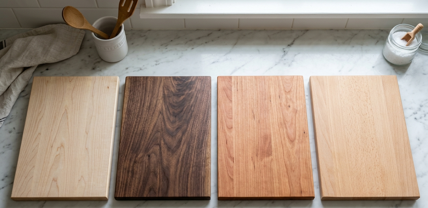 Four best wood types for cutting boards: maple, walnut, cherry and beech cutting boards comparison on marble countertop
