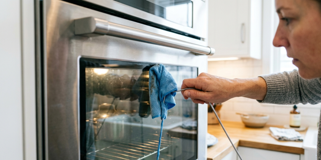 How to clean oven door glass between panels using wire coat hanger and microfiber cloth no disassembly method