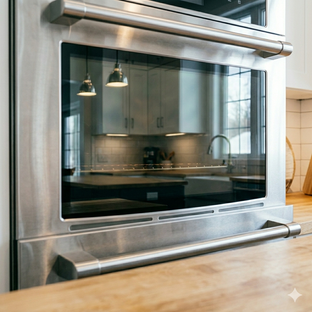 Crystal clear oven door glass after cleaning between panels with wire hanger method, no grease streaks or cloudiness, stainless steel oven reflecting modern kitchen with perfect clarity