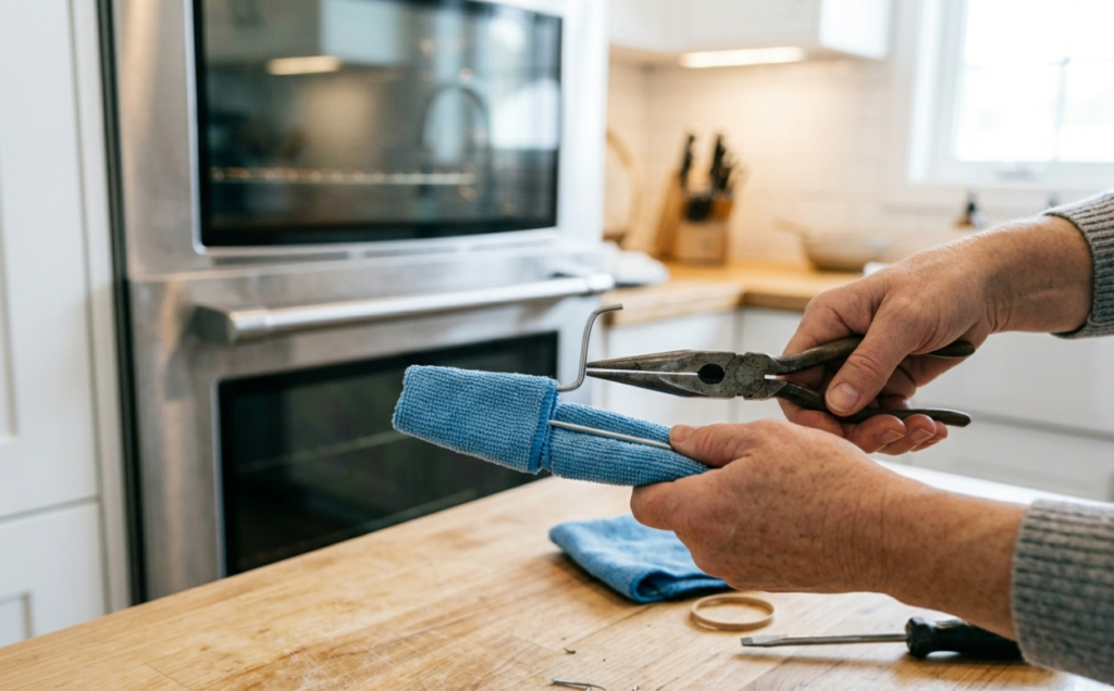 Hands using pliers to bend wire coat hanger into flat hook with blue microfiber cloth wrapped around end for cleaning between oven door glass panels