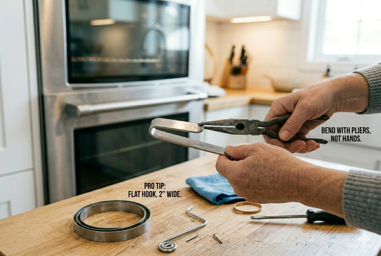 How to bend wire coat hanger into flat 2 inch wide hook using pliers for DIY oven door glass cleaning tool, pro tip bend with pliers not hands to avoid scratches between glass panels