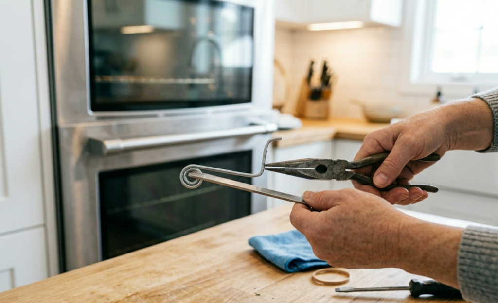 Close-up of hands using pliers to bend wire coat hanger into flat hook shape for cleaning tool to reach between oven door glass panels without scratching