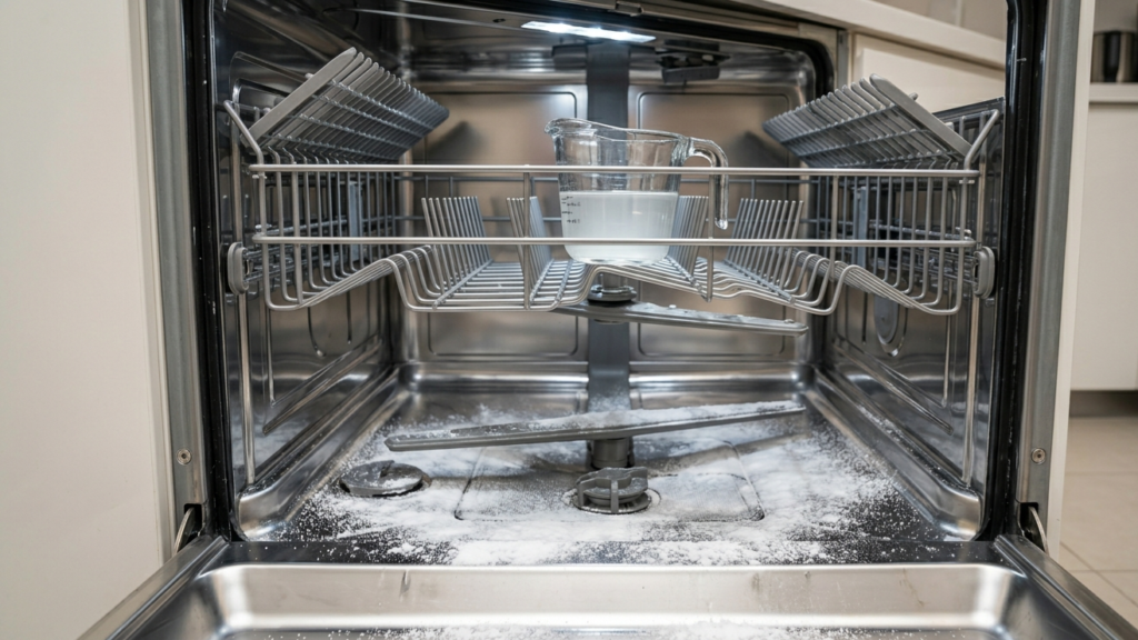 pink mold in dishwasher rubber sealWhite vinegar in glass measuring cup on top rack and baking soda sprinkled on bottom of stainless steel dishwasher to kill pink mold bacteria