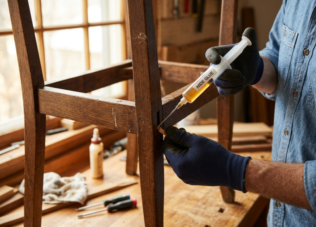 Fix Wobbly Wooden Chair: 5 Proven Methods for Loose Joints 4 Person injecting hide glue into a loose wooden chair joint using a plastic syringe in a workshop