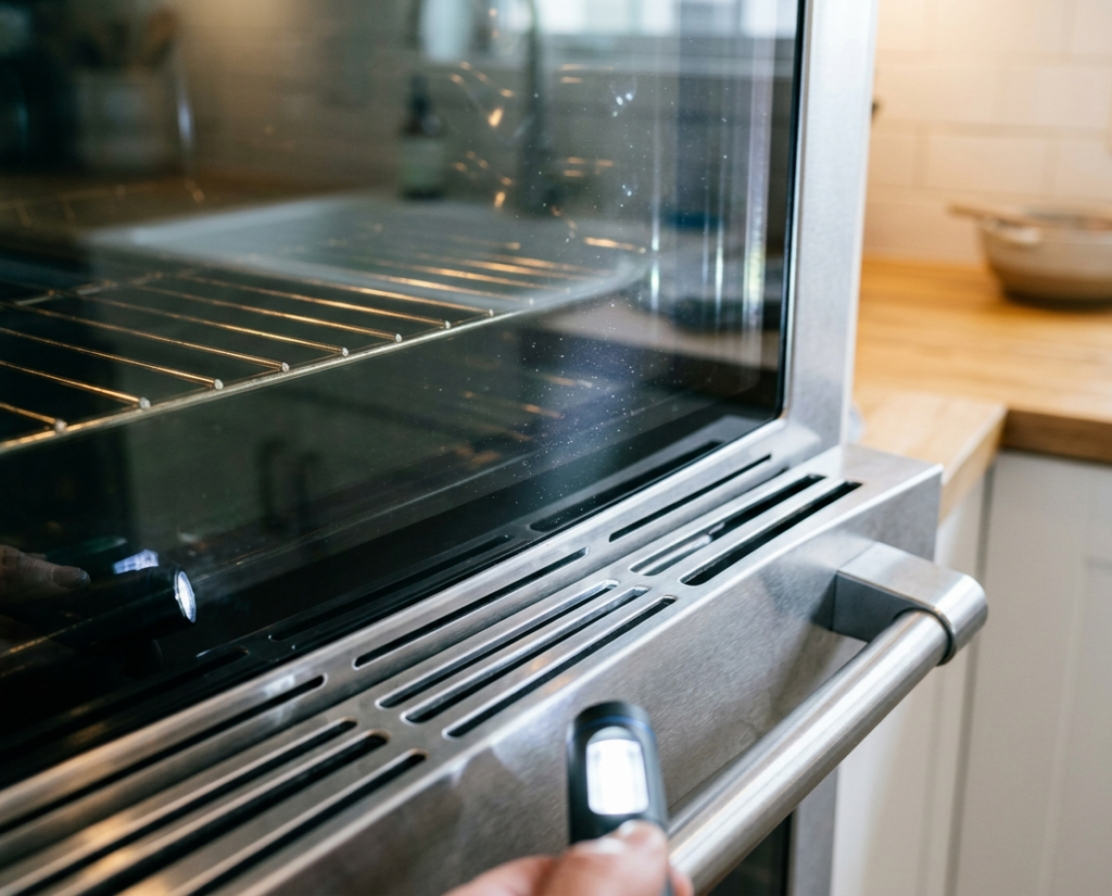 Close-up of bottom vent slots on stainless steel oven door with flashlight shining through to show gap between glass panels for cleaning access