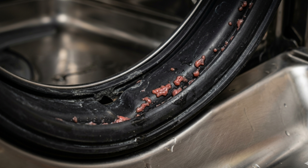 pink mold dishwasher bacteria serratia marcescens on black  rubber door gasket before cleaning