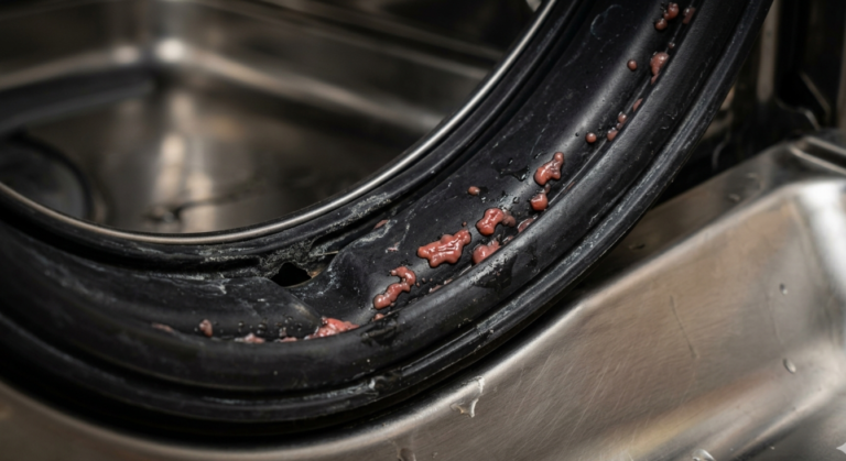 Pink mold Serratia marcescens bacteria on black rubber dishwasher door gasket seal before cleaning with vinegar