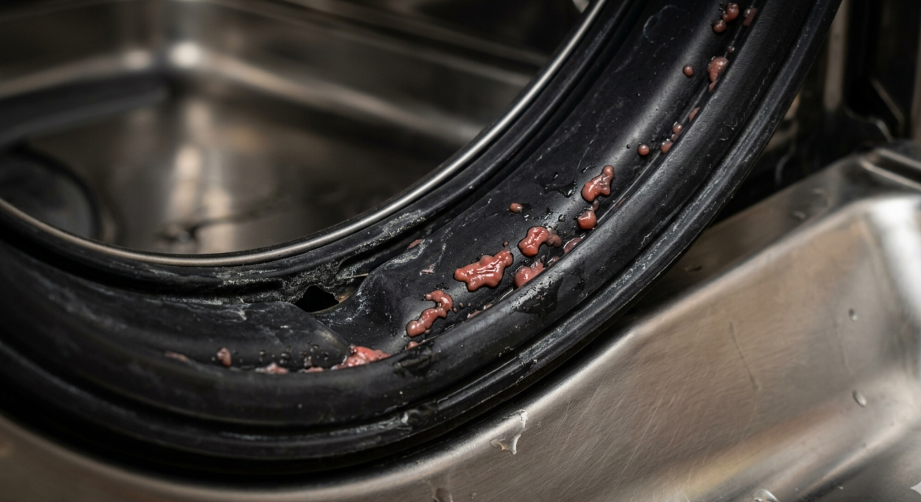 Pink mold Serratia marcescens bacteria on black rubber dishwasher door gasket seal before cleaning with vinegar