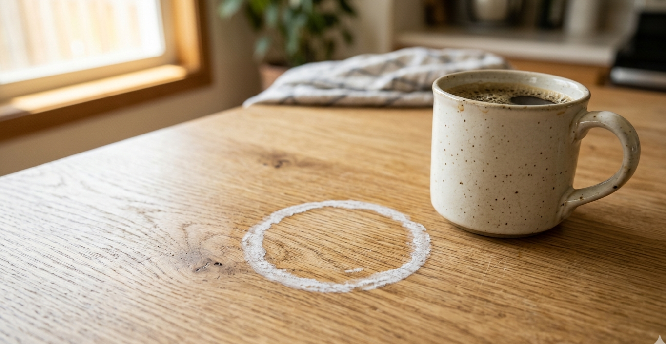 white water ring stain on oak wood table next to coffee mug - how to remove water stains from wood