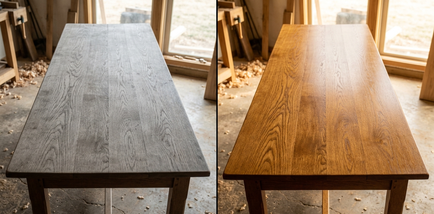 Before and after restoring dry wood furniture: gray weathered oak table vs oiled rich color finish