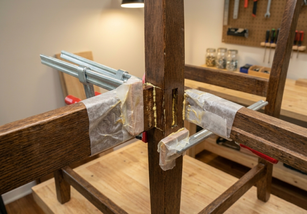 Fix Wobbly Wooden Chair: 5 Proven Methods for Loose Joints 5 Wooden chair leg joint clamped with bar clamps while yellow wood glue dries in a workshop