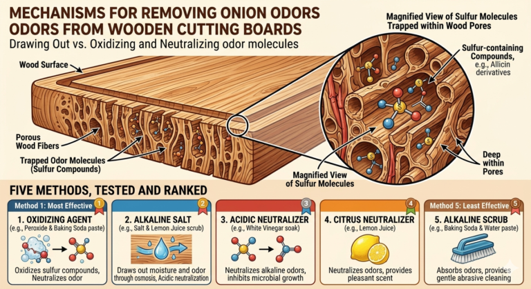 Scientific infographic of wooden cutting board cross-section showing sulfur odor molecules trapped 2-3mm deep in wood pores. Five methods ranked to remove onion smell: 1 Oxidizing Agent hydrogen peroxide, 2 Alkaline Salt lemon, 3 Acidic Neutralizer vinegar, 4 Citrus Neutralizer lemon juice, 5 Alkaline Scrub baking soda
