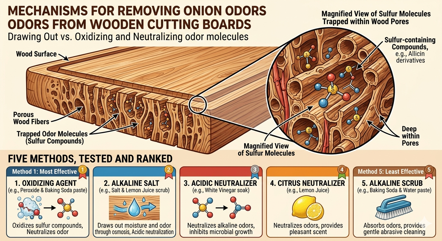 Scientific infographic of wooden cutting board cross-section showing sulfur odor molecules trapped 2-3mm deep in wood pores. Five methods ranked to remove onion smell: 1 Oxidizing Agent hydrogen peroxide, 2 Alkaline Salt lemon, 3 Acidic Neutralizer vinegar, 4 Citrus Neutralizer lemon juice, 5 Alkaline Scrub baking soda