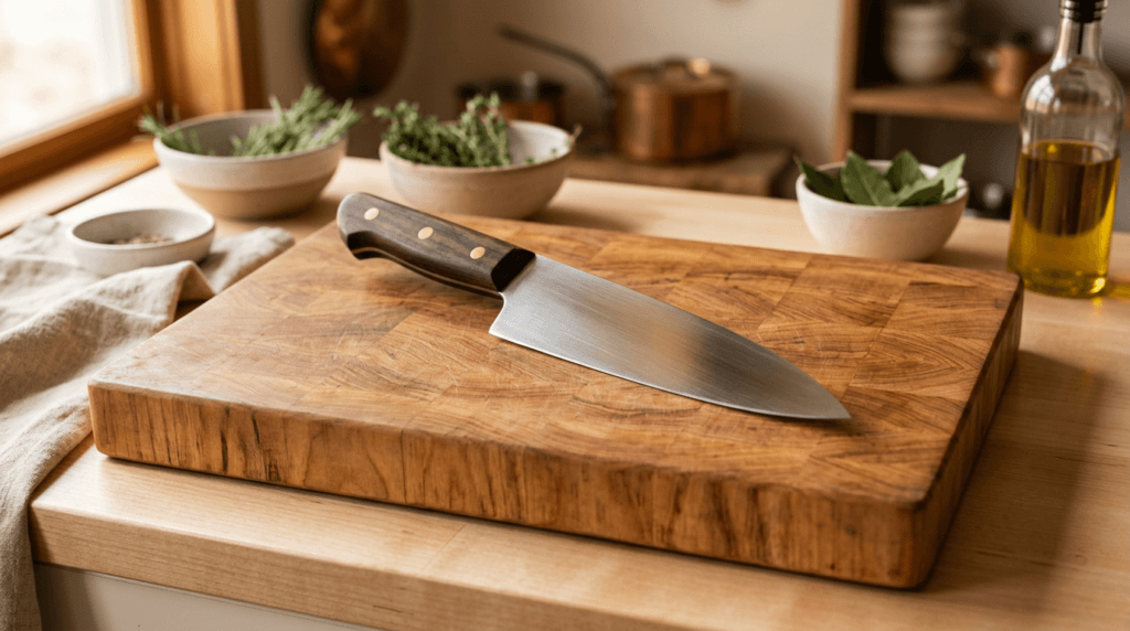 Chef Knife on Hard Maple Cutting Board Professional chef knife resting diagonally on a beautiful hard maple cutting board showing knife-friendly surface