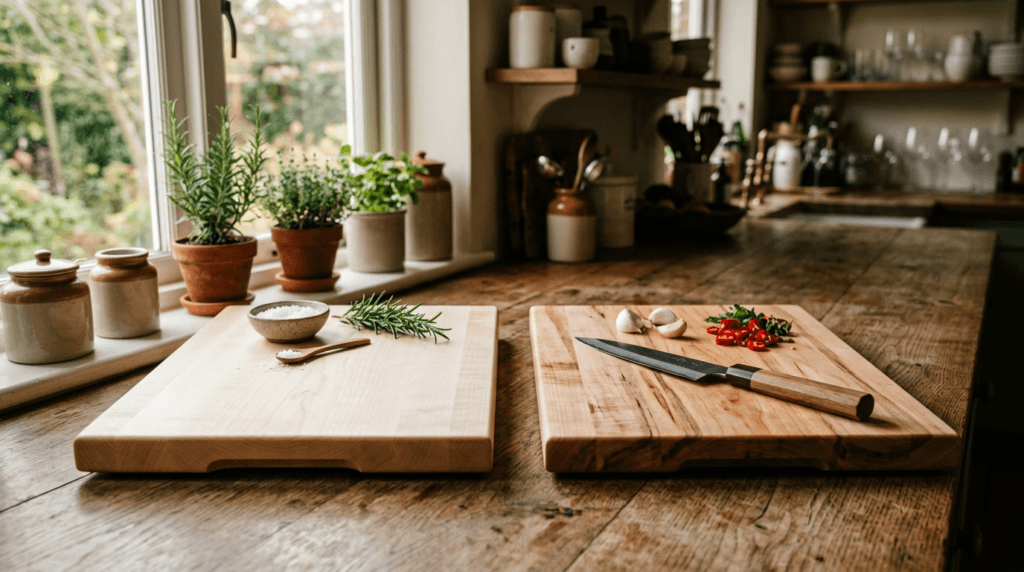 Hard Maple vs Soft Maple Cutting Board Comparison Hard Maple vs Soft Maple cutting boards side by side — bright white hard maple left, warm-toned soft maple right