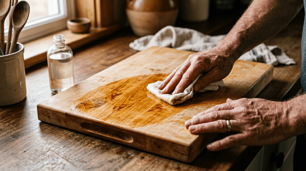 Oiling a Maple Cutting Board with Mineral Oil Hands applying food-grade mineral oil to a maple cutting board with a soft cloth — essential monthly care routine