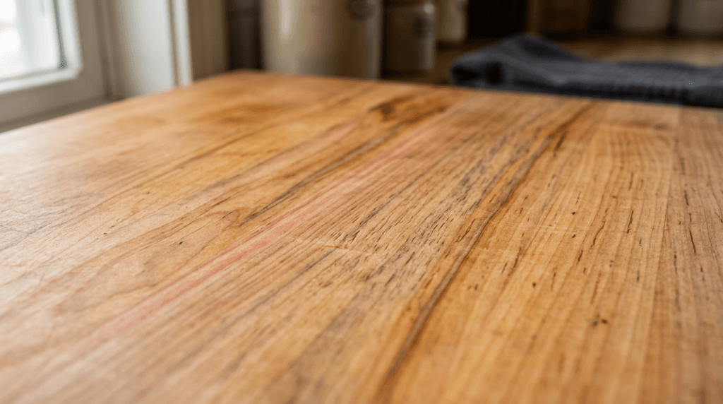 Soft Maple Cutting Board Grain Closeup Closeup of soft maple cutting board surface showing warmer tones, slightly more open grain, natural pink and brown streaks